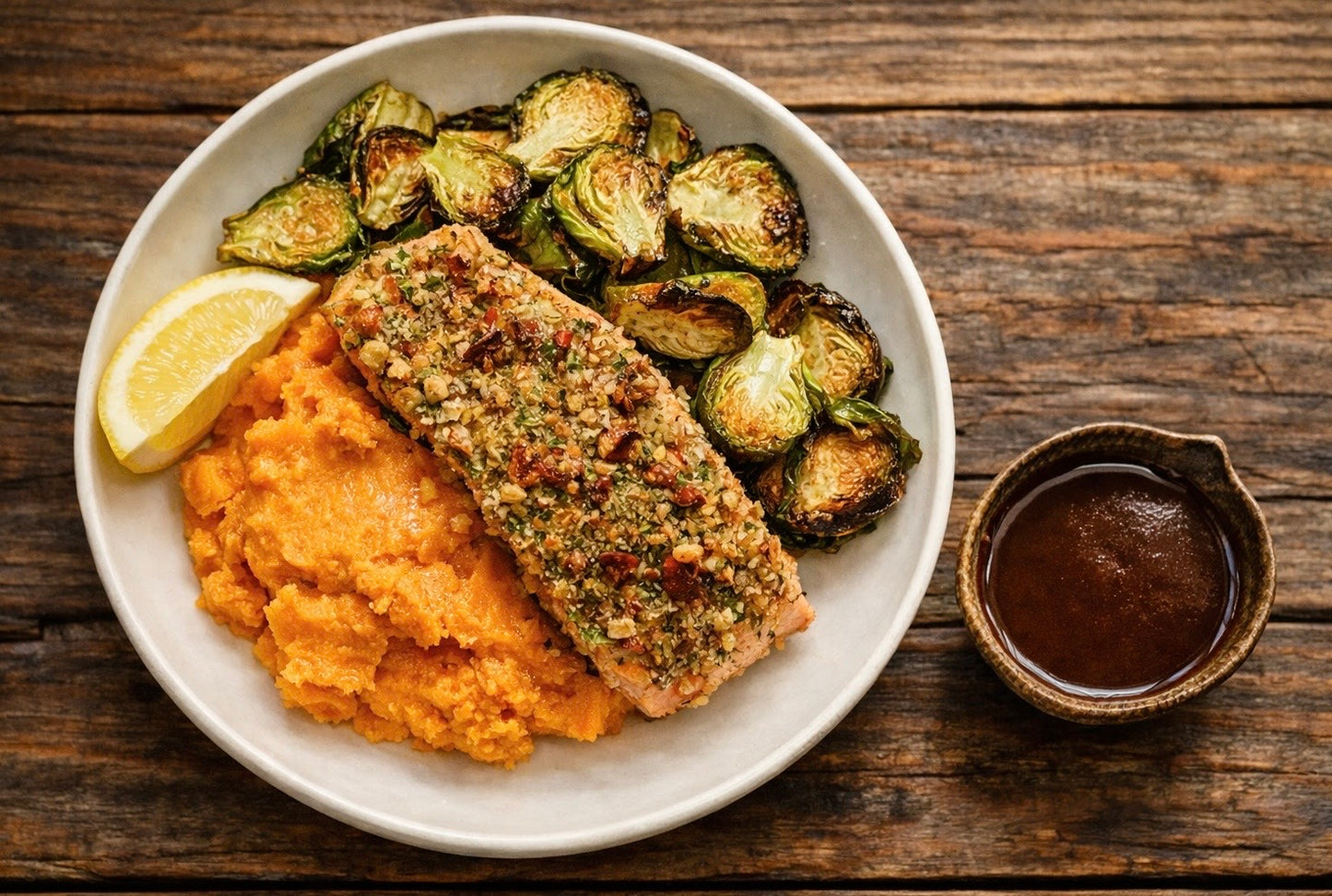 Walnut Encrusted Salmon with Mashed Sweet Potatoes and Brussel Sprouts