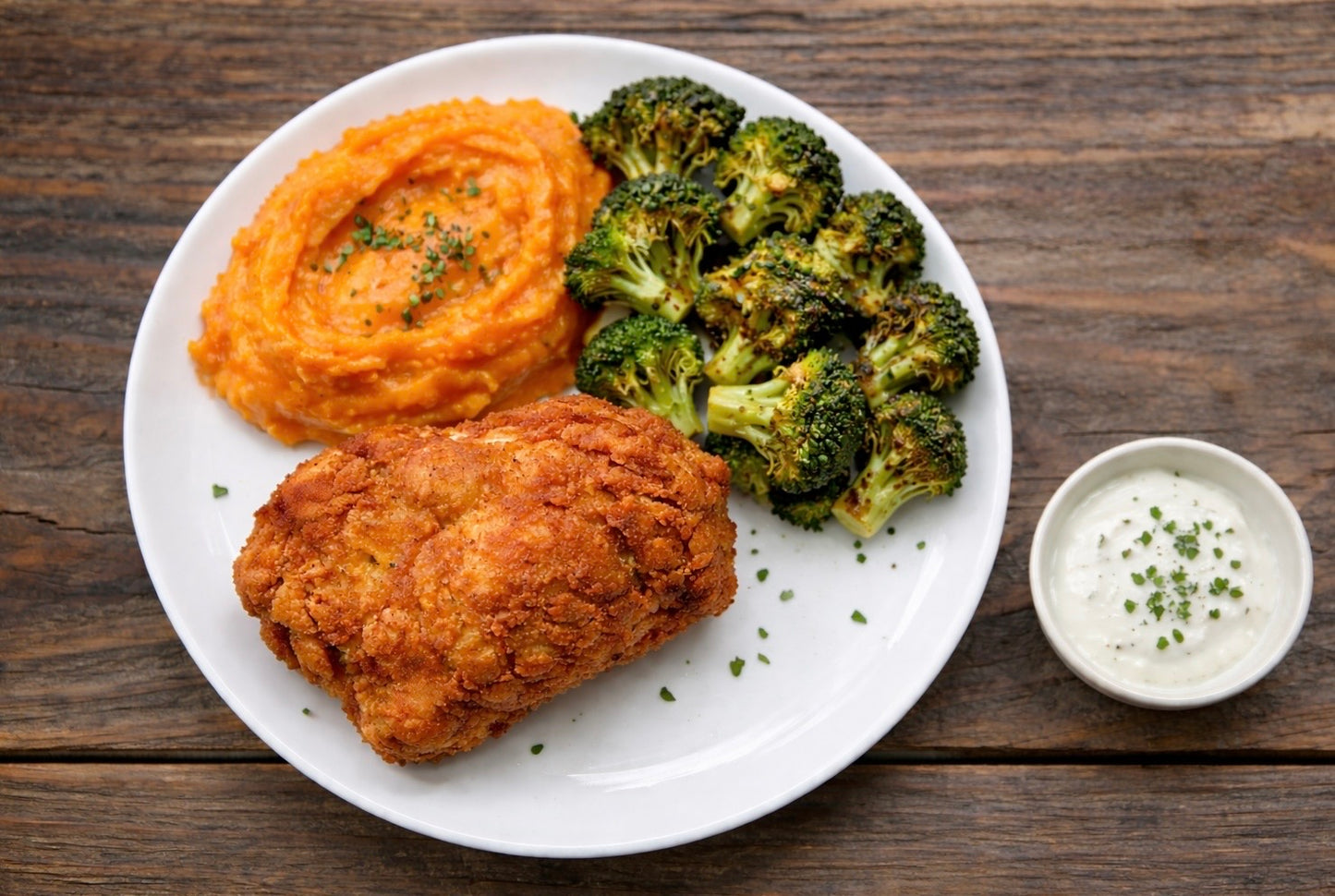 Buffalo Fried Chicken with Sweet Potatoes and Broccoli