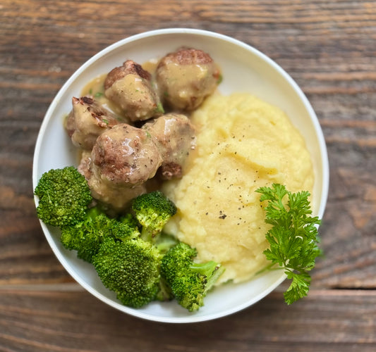 Swedish Meatballs with Mashed Potatoes and Roasted Broccoli