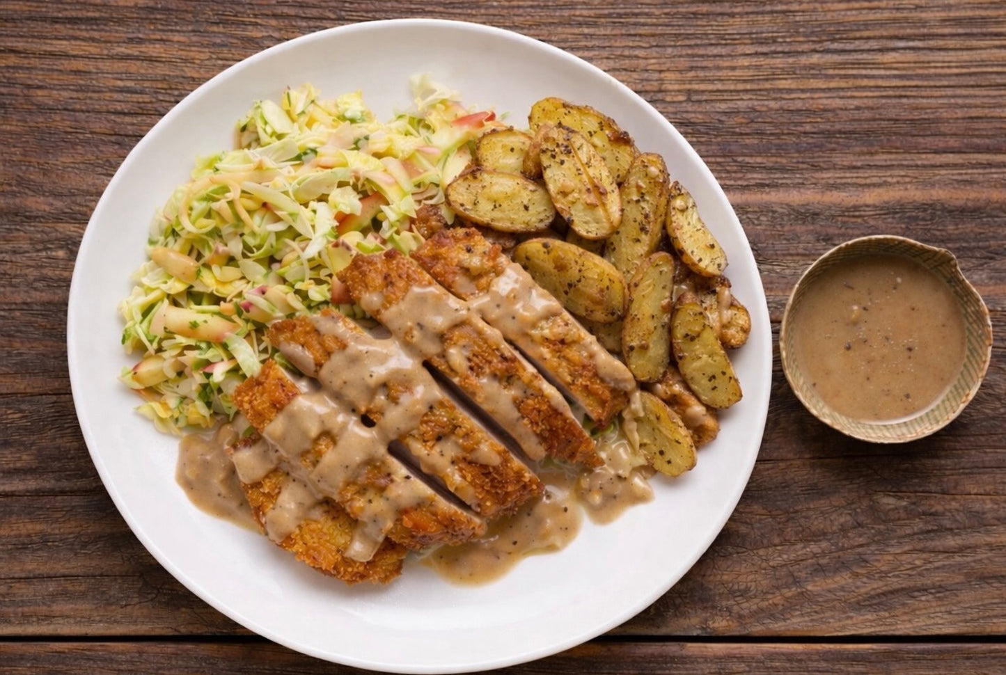 Pork Schnitzel over Cabbage and Apple Slaw