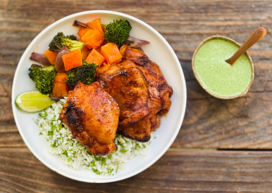 Peruvian Chicken with Roasted Veg Medley and Salsa Verde