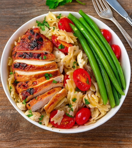BBQ Chicken Thighs with Pasta Salad and Green Beans