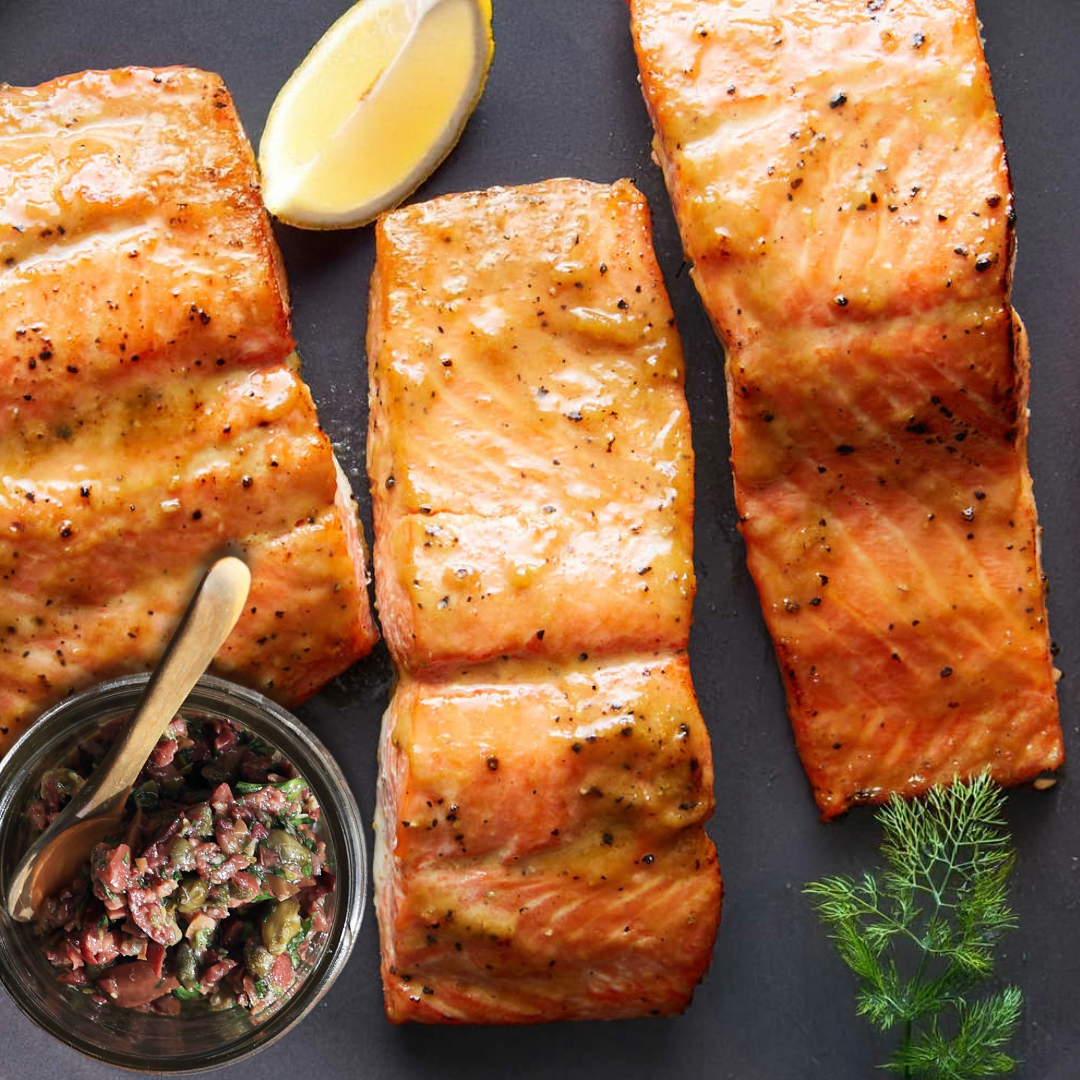 Dijon and Herb Roasted Salmon with Olive Tapenade by the Pound
