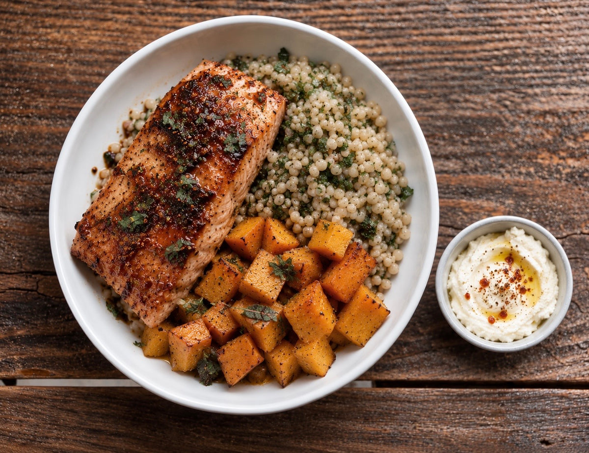 Harissa Honey Glazed Salmon with Couscous and Squash