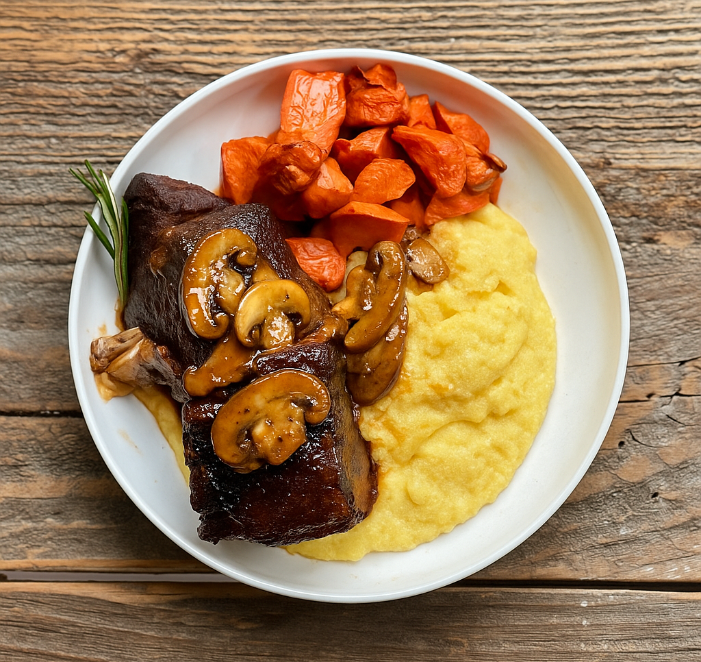 Braised Beef Short Ribs over Polenta with Glazed Carrots