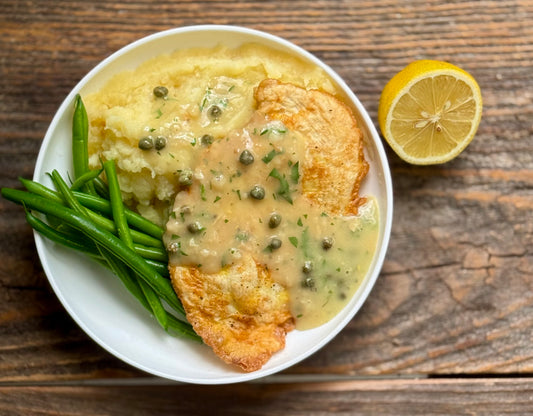 Chicken Francese with Mashed Potatoes and Green Beans
