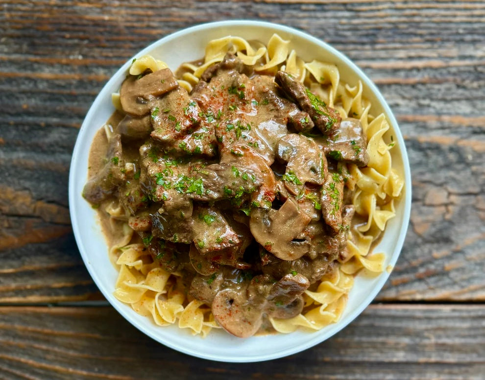 Beef Stroganoff over Egg Noodles