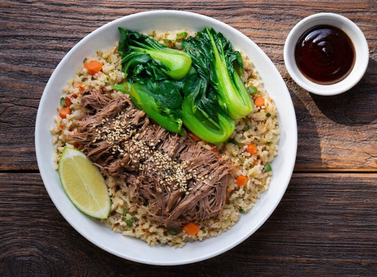 Korean BBQ Pulled Pork with Fried Rice and Bok Choy