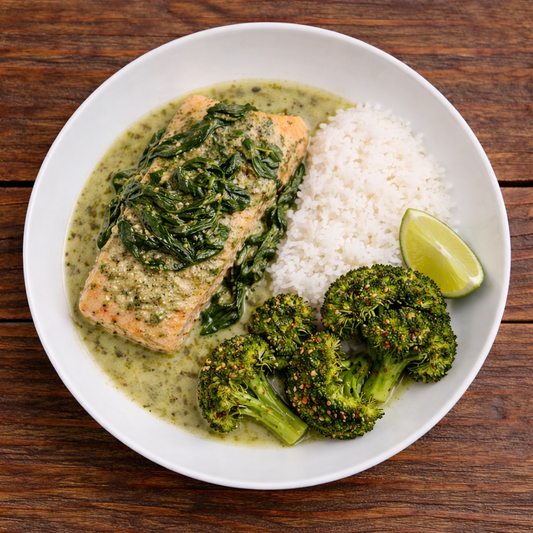 Green Coconut Curry Salmon with Rice and Broccoli
