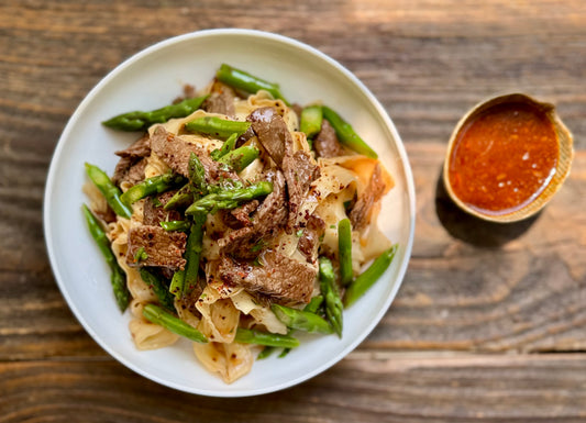 Braised Beef Ribbon Noodles with Asparagus