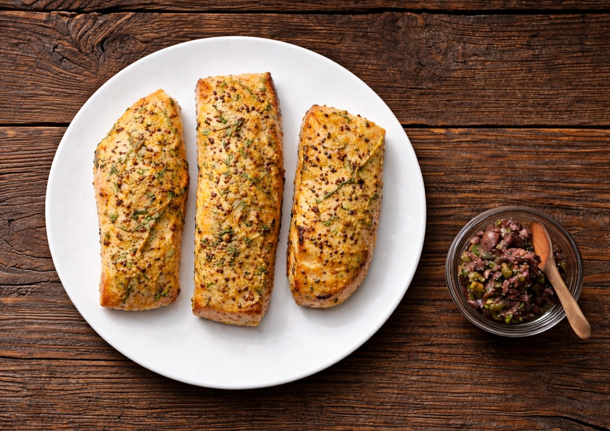 Dijon and Herb Roasted Salmon with Olive Tapenade by the Pound