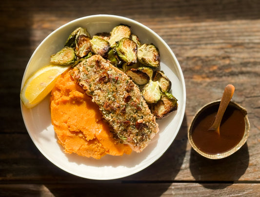 Walnut Encrusted Salmon with Mashed Sweet Potatoes and Brussel Sprouts