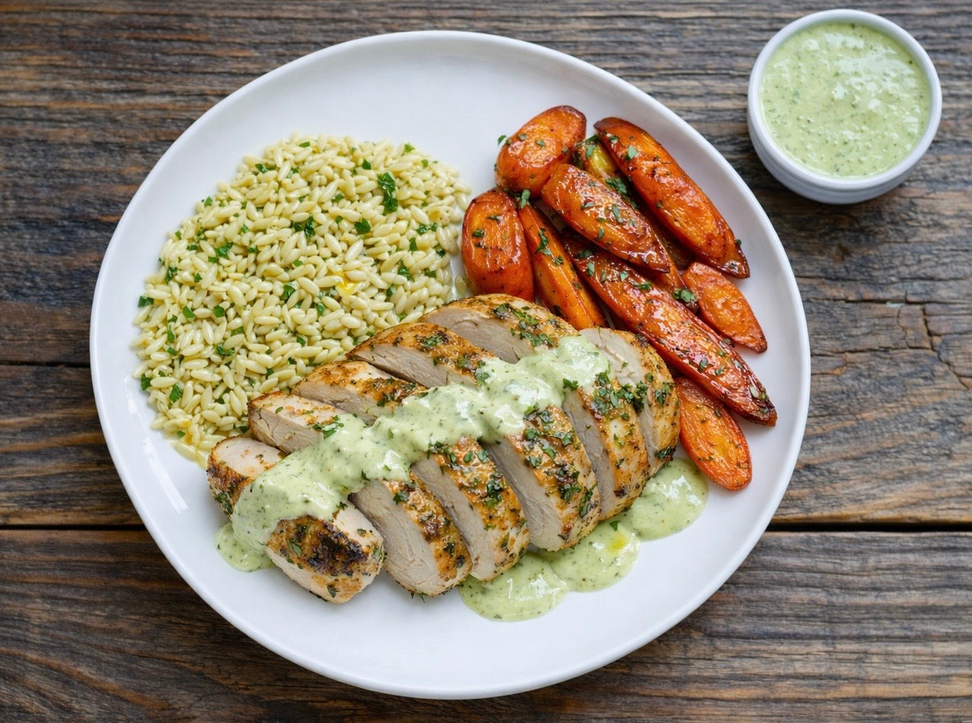 Green Goddess Chicken over Orzo with Glazed Carrots