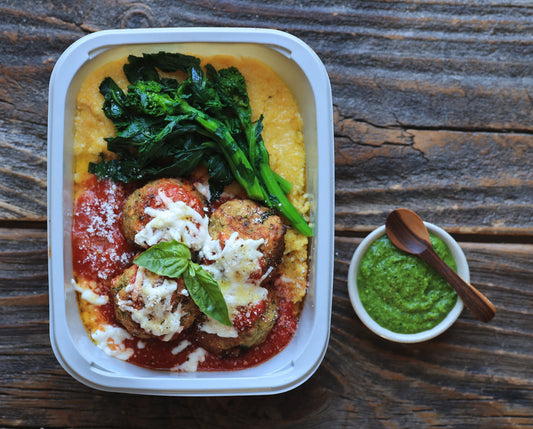 Italian Eggplant Balls over Polenta with Broccoli Rabe