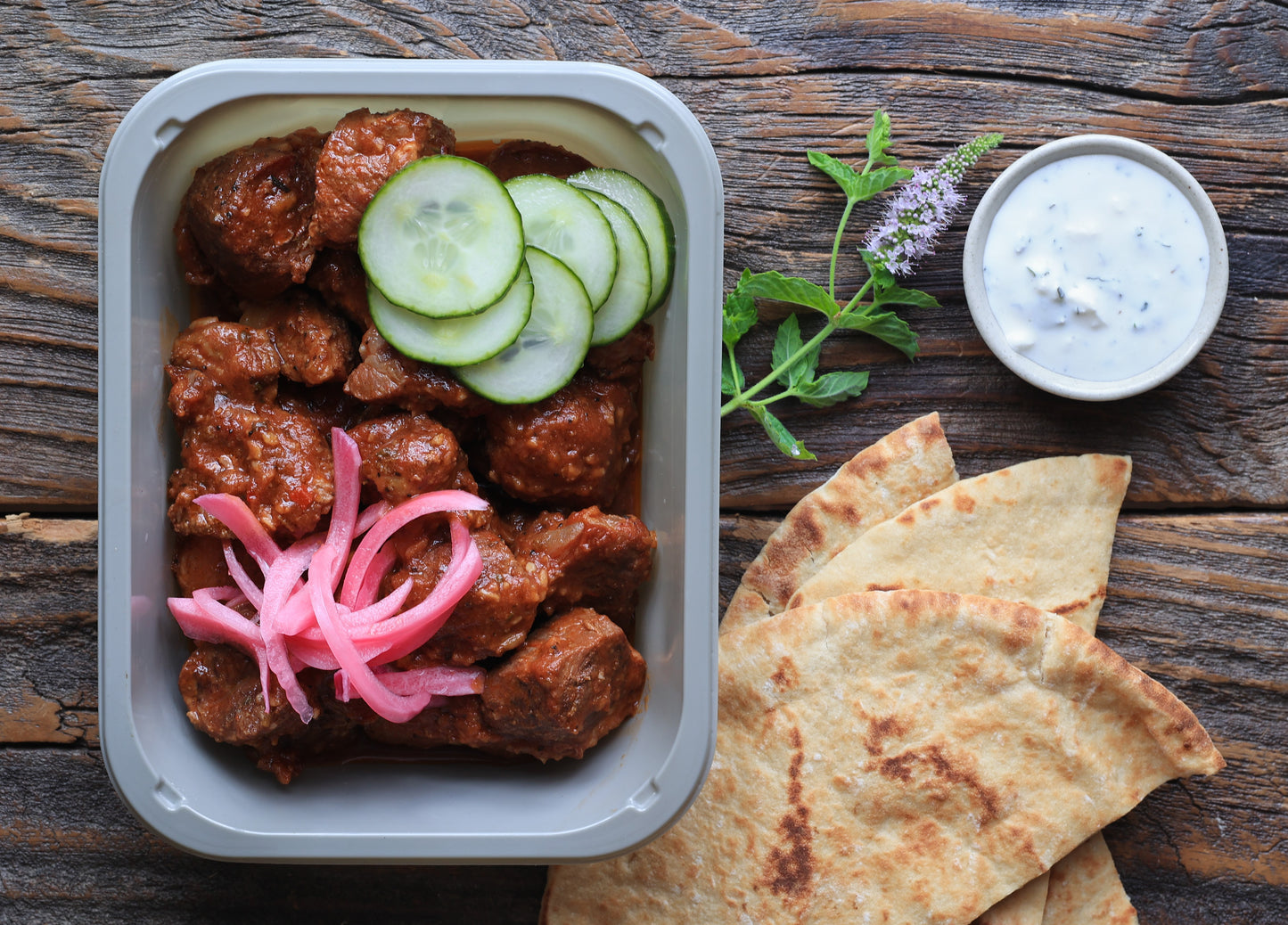 Mediterranean Braised Lamb with Pita & Feta Sauce